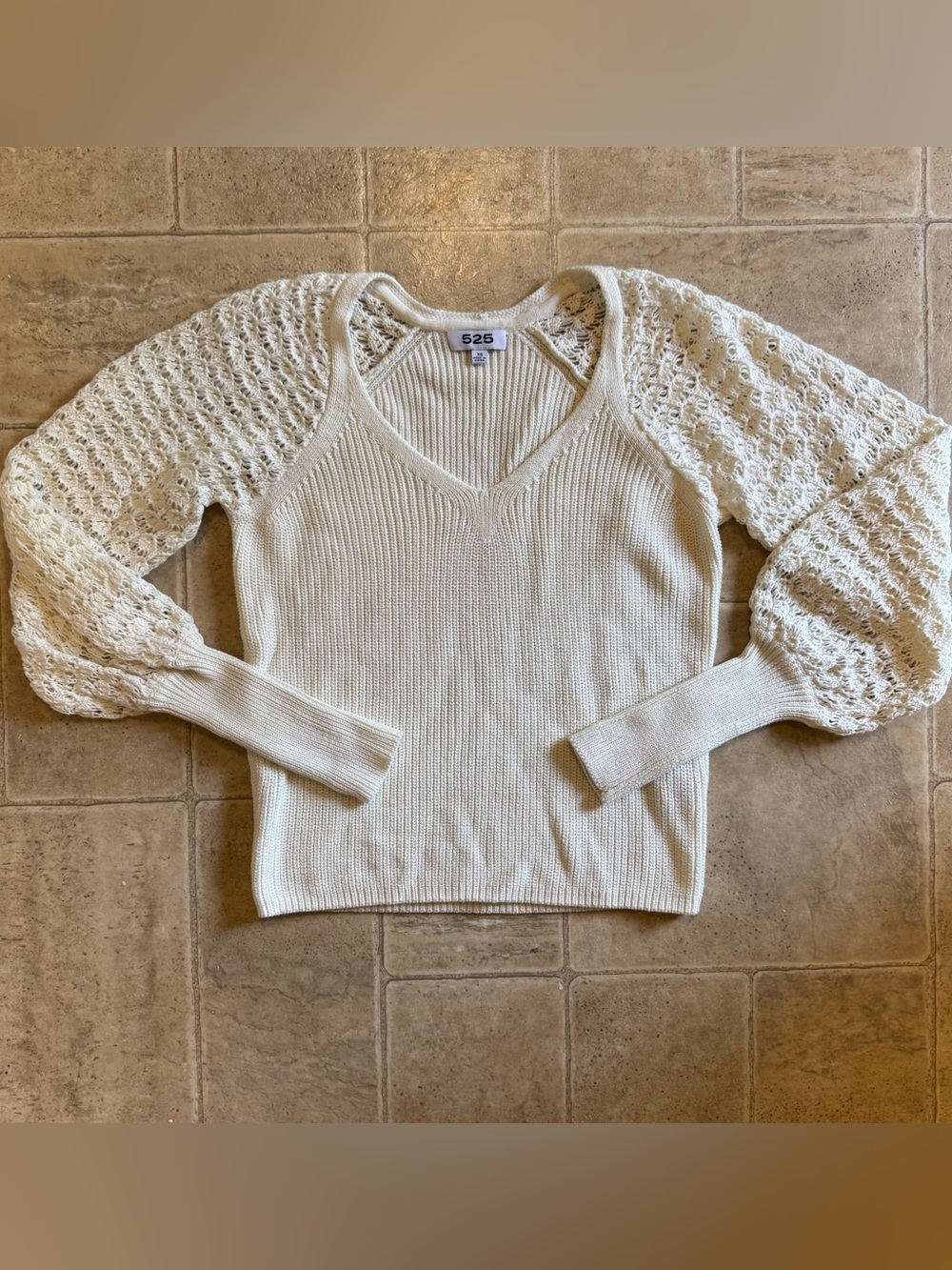 525 white cotton open knit balloon sleeve sweater xsmall vneck